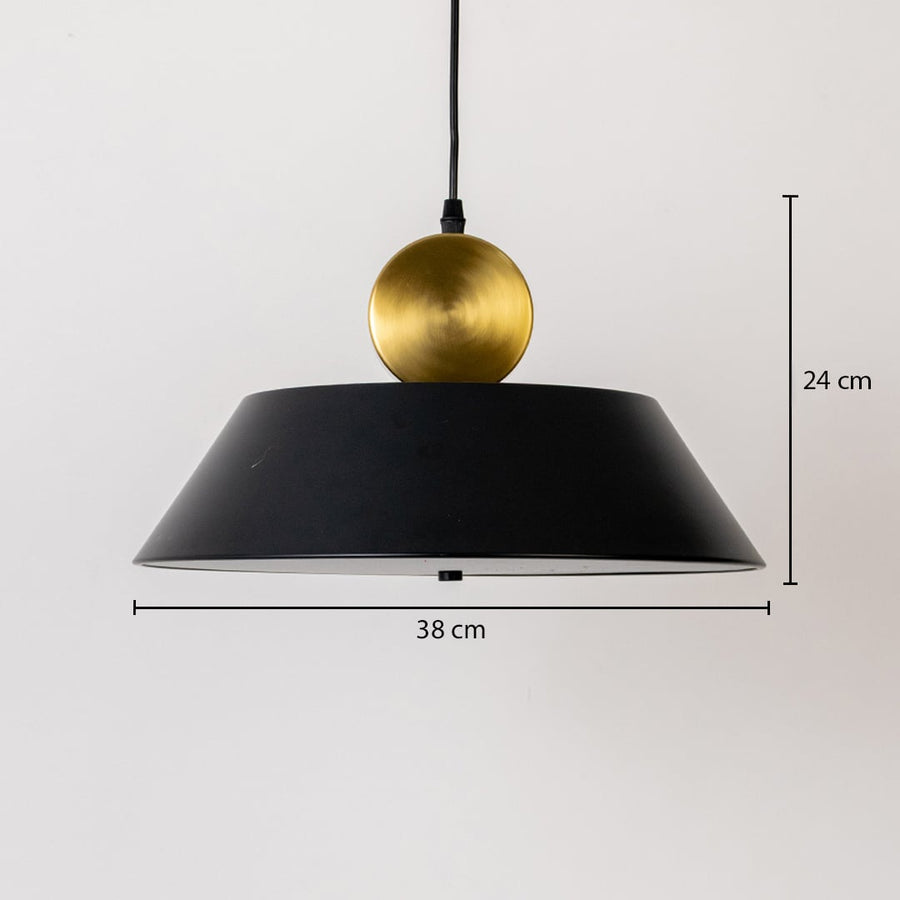 Black metal pendant light with gold sphere detail shown with 38 cm width and 24 cm height highlighting modern minimalist ceiling design.
