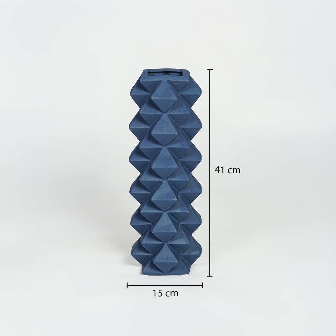 Blue ceramic geometric floor vase measuring 41 cm height and 15 cm width ideal for modern corner decor placement.