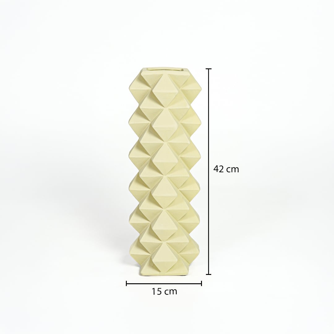 Yellow ceramic floor vase measuring 42 cm height and 15 cm width ideal for corner and entryway decor.