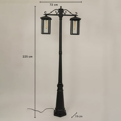 Black metal outdoor lamp post showing size clearly with height 225 cm lantern width 72 cm and base width 19 cm ideal for driveway pathway and garden lighting.