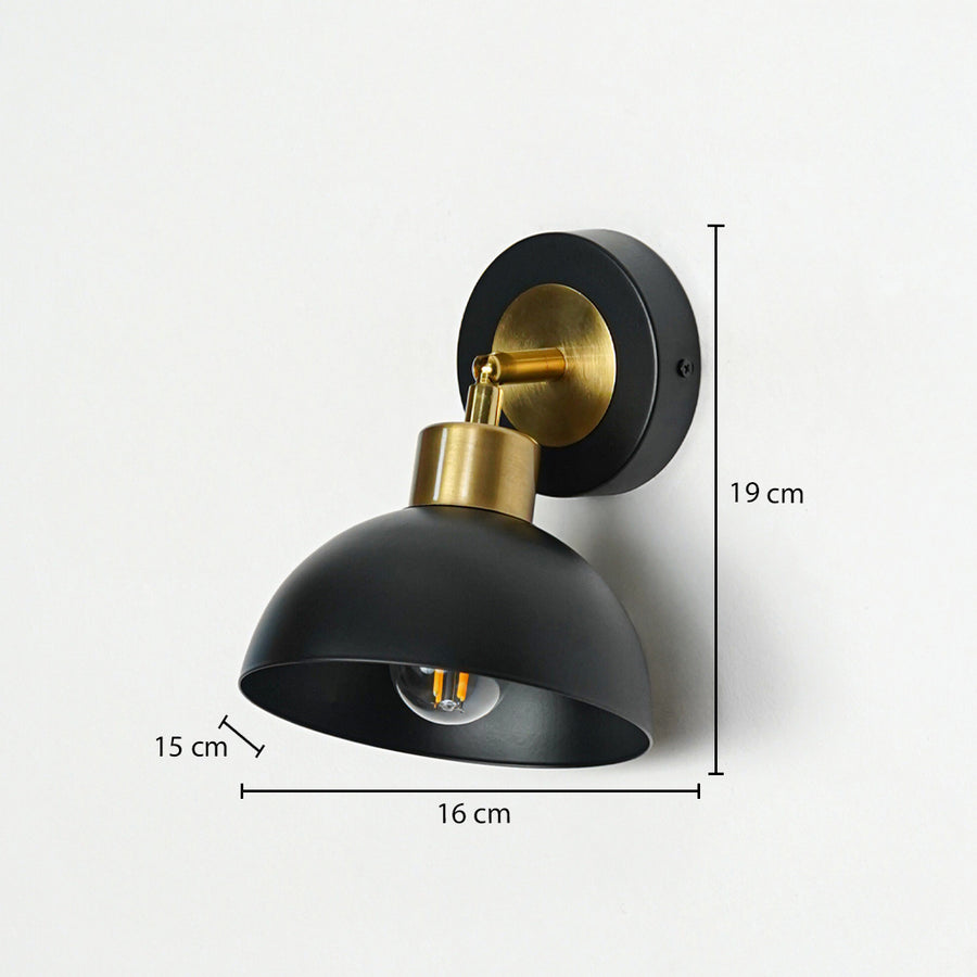Black metal wall light with dome shade sized 19 cm height 16 cm width and 15 cm depth ideal for wall decor installation.