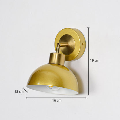 Gold metal wall light with dome shade sized 19 cm height 16 cm width and 15 cm depth ideal for interior wall decor.