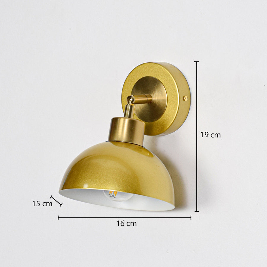 Gold metal wall light with dome shade sized 19 cm height 16 cm width and 15 cm depth ideal for interior wall decor.