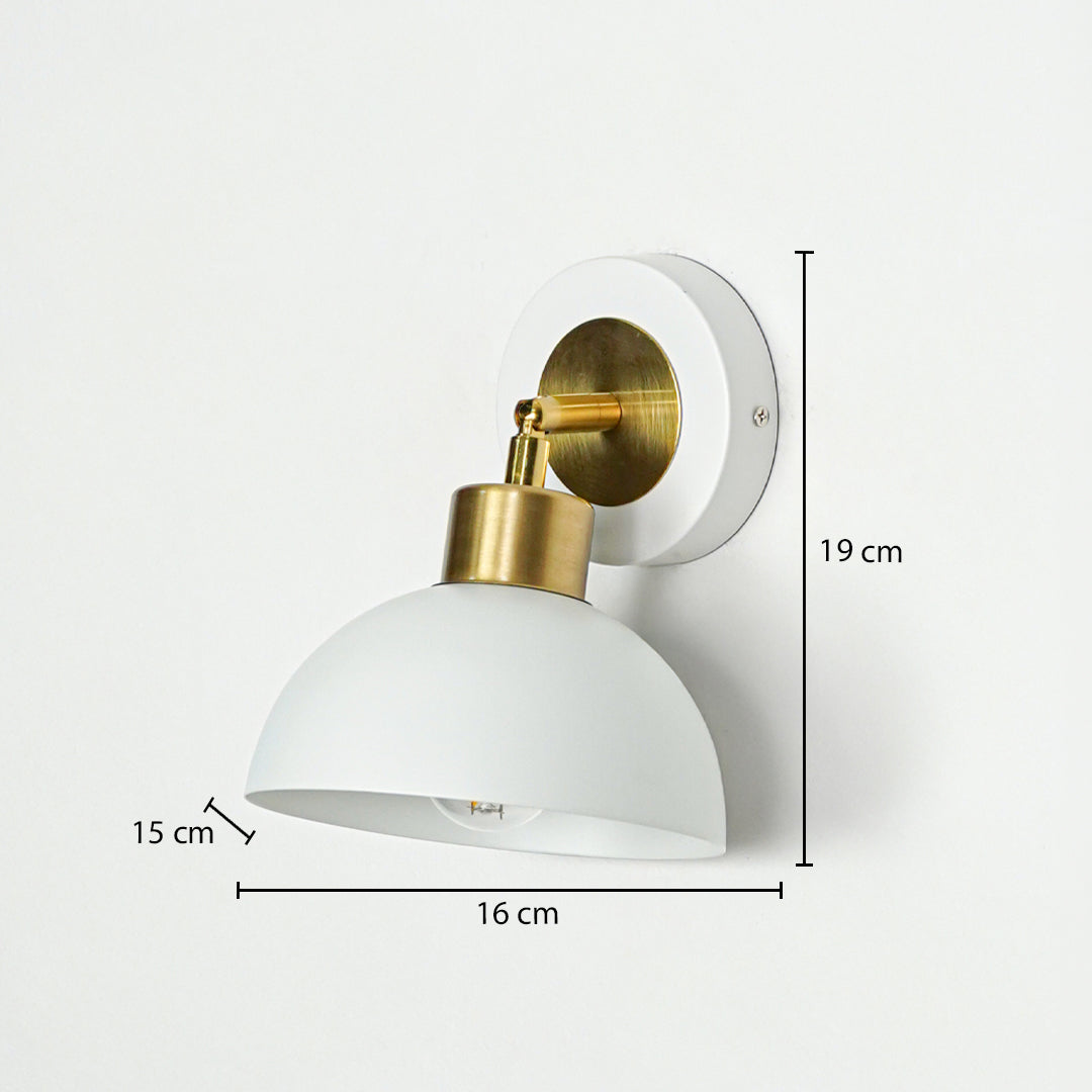 Wall light with white metal dome shade and gold mount sized 9 cm height 16 cm width and 15 cm depth ideal for wall decor.