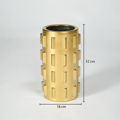 Gold metal planter vase dimension image with 32 cm height and 18 cm width for stylish table decor.