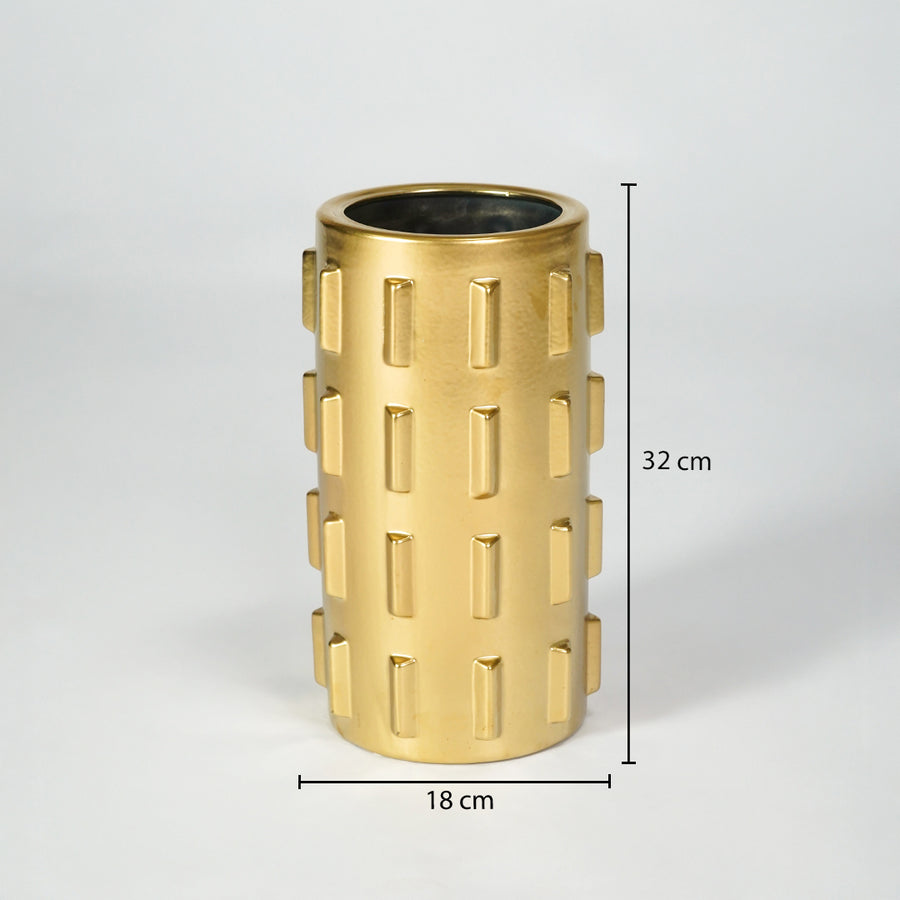 Gold metal planter vase dimension image with 32 cm height and 18 cm width for stylish table decor.