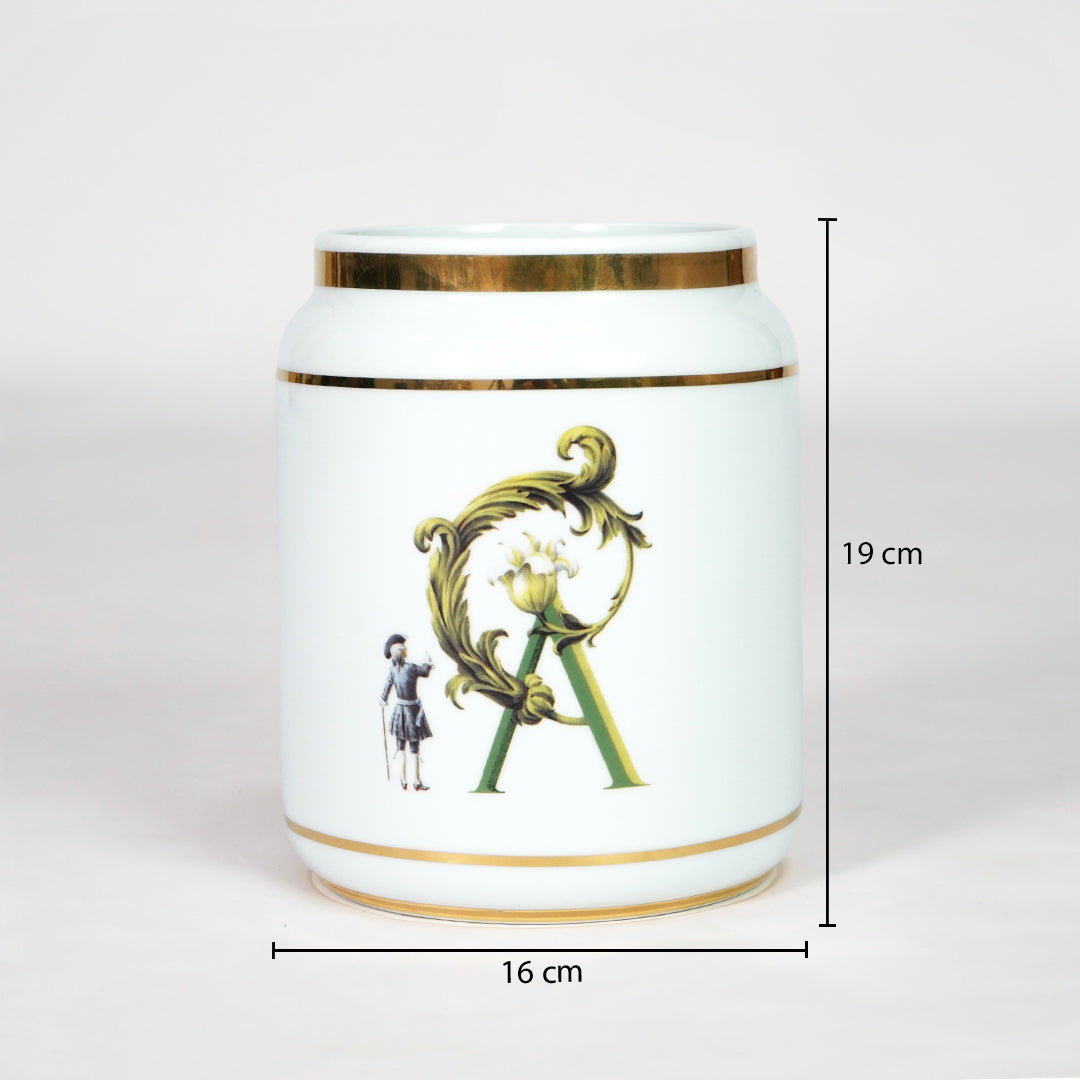 White ceramic storage jar with gold detailing dimension image with 19 cm height and 16 cm width for decor.