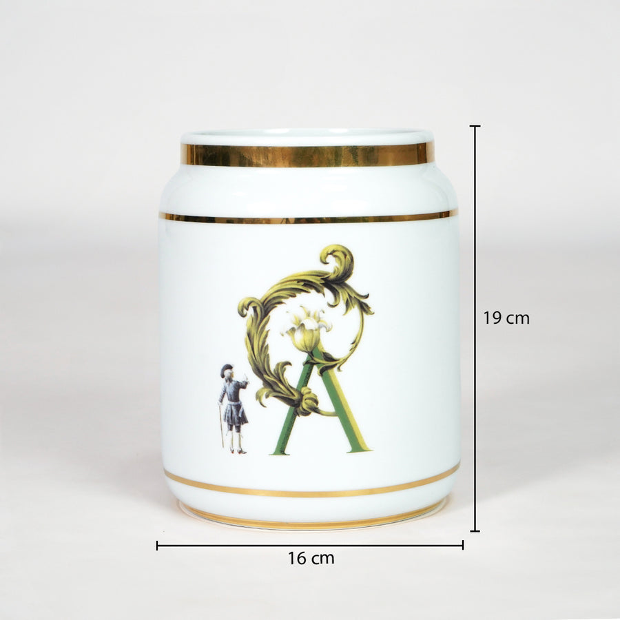 White ceramic storage jar with gold detailing dimension image with 19 cm height and 16 cm width for decor.
