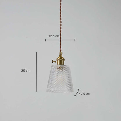Clear glass pendant light with brass holder shown with 20 cm height and 12.5 cm width for decorative lighting display.