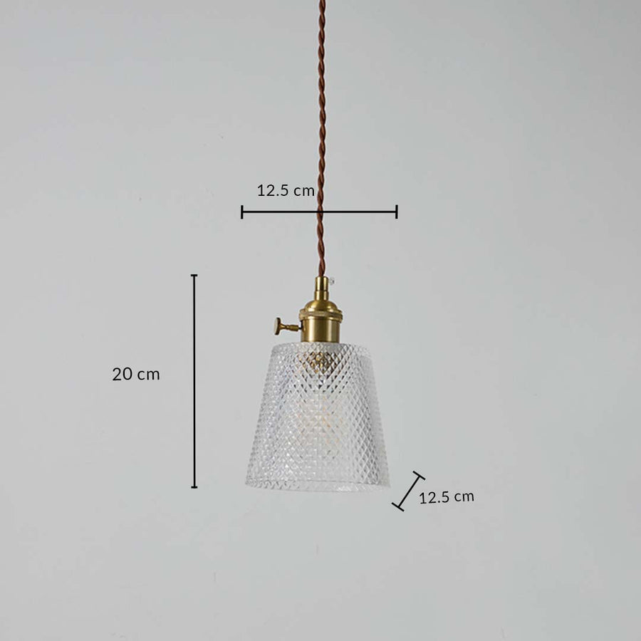 Clear glass pendant light with brass holder shown with 20 cm height and 12.5 cm width for decorative lighting display.