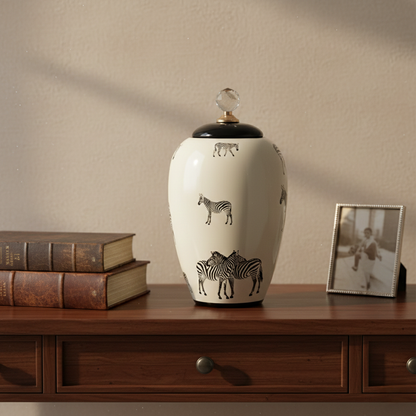 White ceramic decorative jar with black horse artwork styled on a wooden console for elegant contemporary home decor.