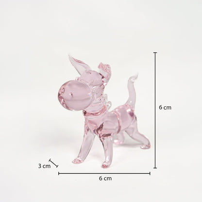Pink glass dog figurine measuring 6 cm height 6 cm width and 3 cm depth perfect for cute tabletop decor display.