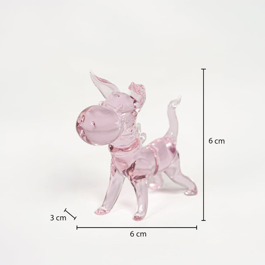 Pink glass dog figurine measuring 6 cm height 6 cm width and 3 cm depth perfect for cute tabletop decor display.