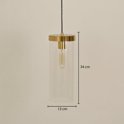 Clear glass tube pendant light with brushed brass finish displaying size details elegantly.