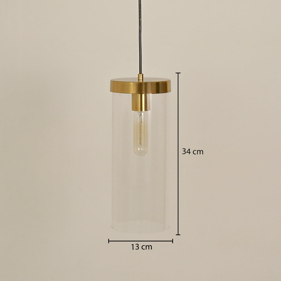Clear glass tube pendant light with brushed brass finish displaying size details elegantly.