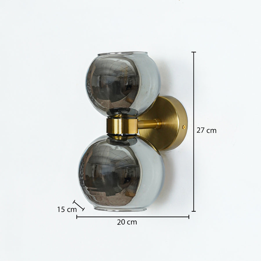 Smoked glass double globe wall light with brass base modern wall lamp for bedroom living room stylish decor lighting.