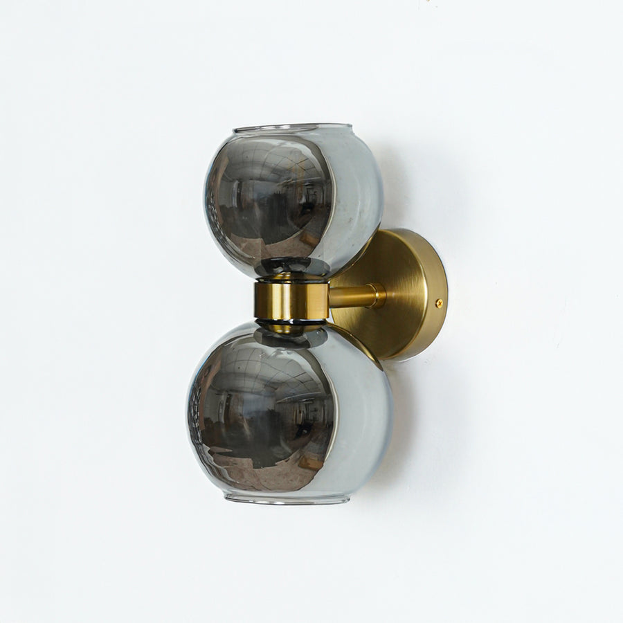 Grey smoked glass double globe wall light with brass base modern wall lamp for bedroom living room decor lighting.