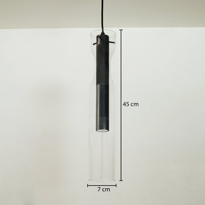A hanging pendant light with a clear cylindrical glass shade and a matte black central tube, shown against a plain light background with dimension labels indicating 45 cm height and 7 cm width.