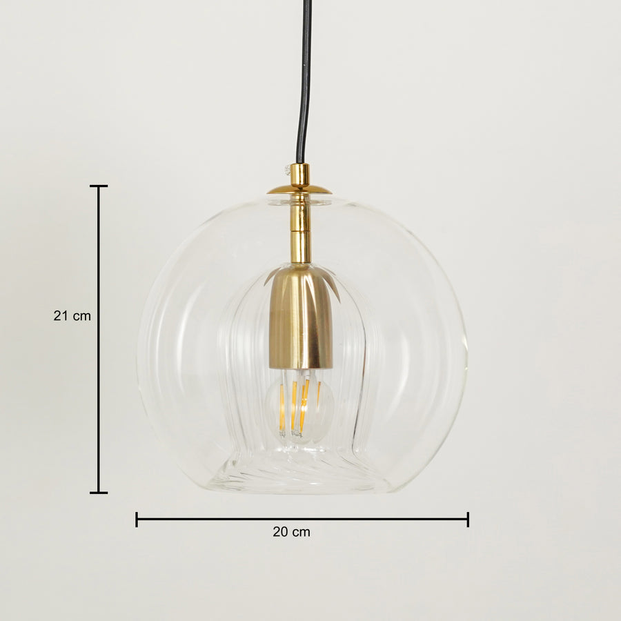Clear glass globe pendant light with brass holder for dining room kitchen island or living space showing dimensions.