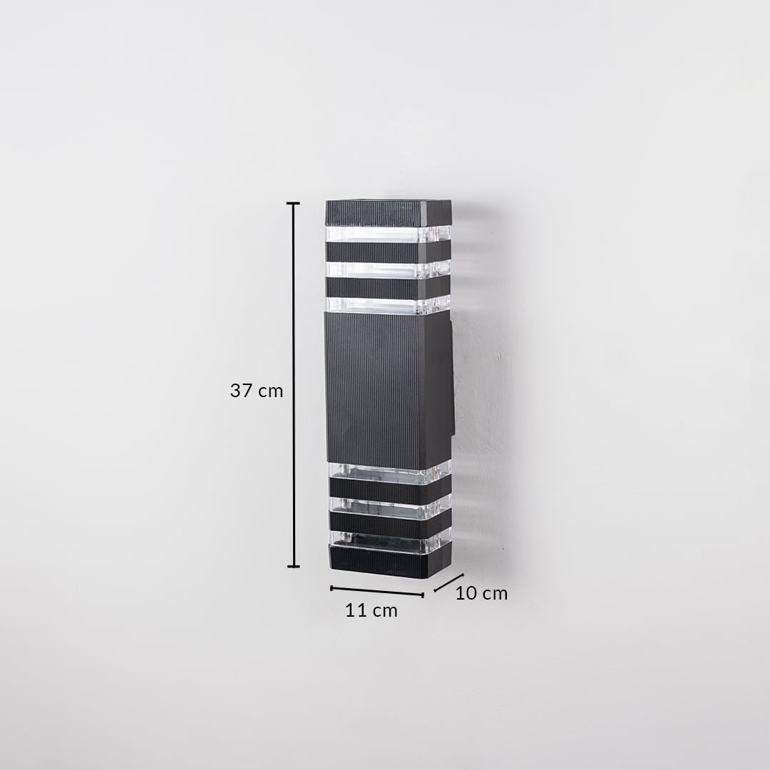 Black wall light dimension image showing 37 cm height  11 cm width  and 10 cm depth with elegant form.