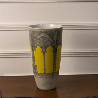 Tall ceramic decorative vase displayed on white background featuring yellow tree motif and textured finish for artistic home decor styling.