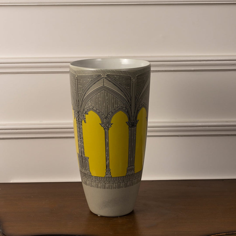Tall ceramic decorative vase displayed on white background featuring yellow tree motif and textured finish for artistic home decor styling.