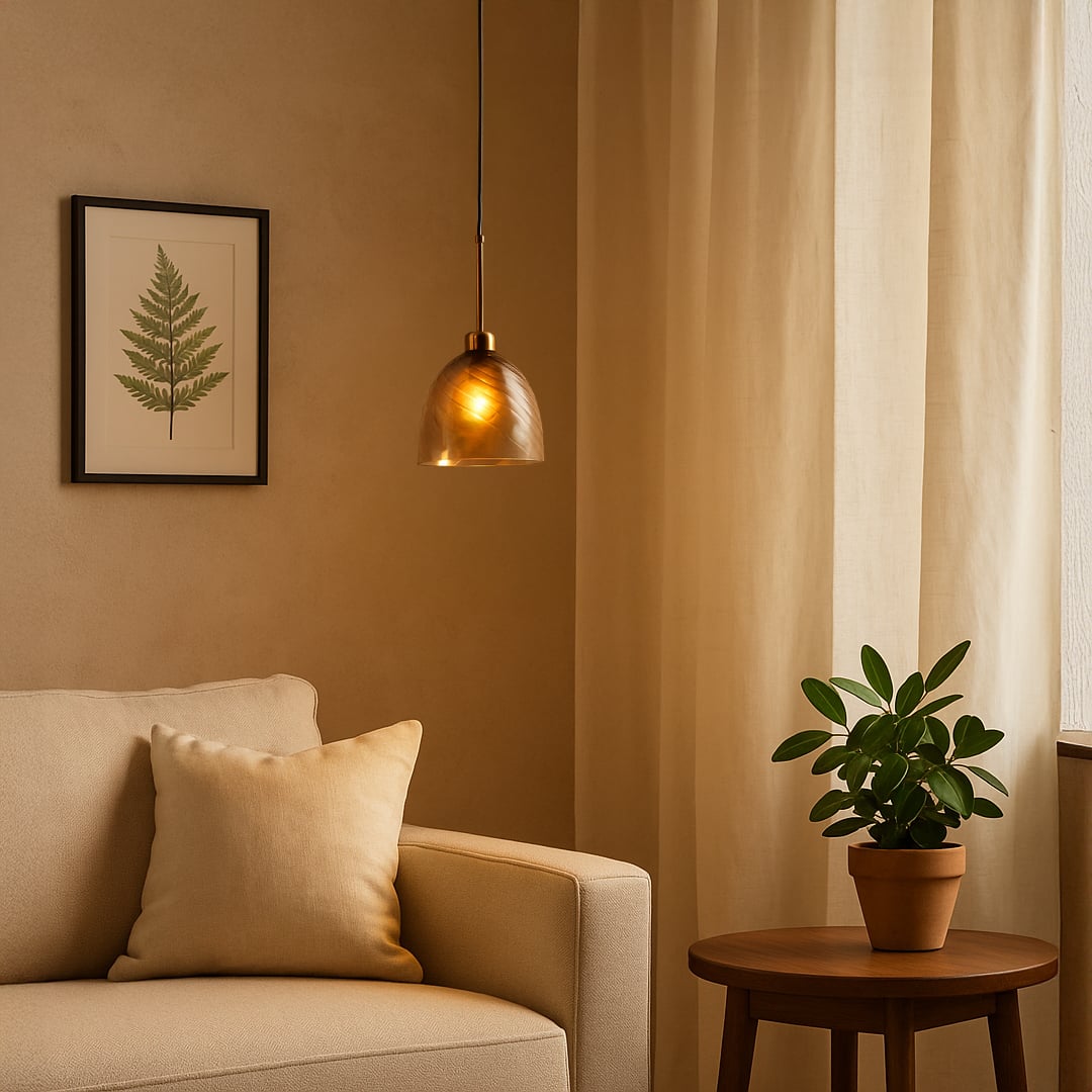 A modern gold and smoked glass pendant light glowing warmly in a cozy living room creating soft ambient lighting ideal for sofas corners and reading nooks.