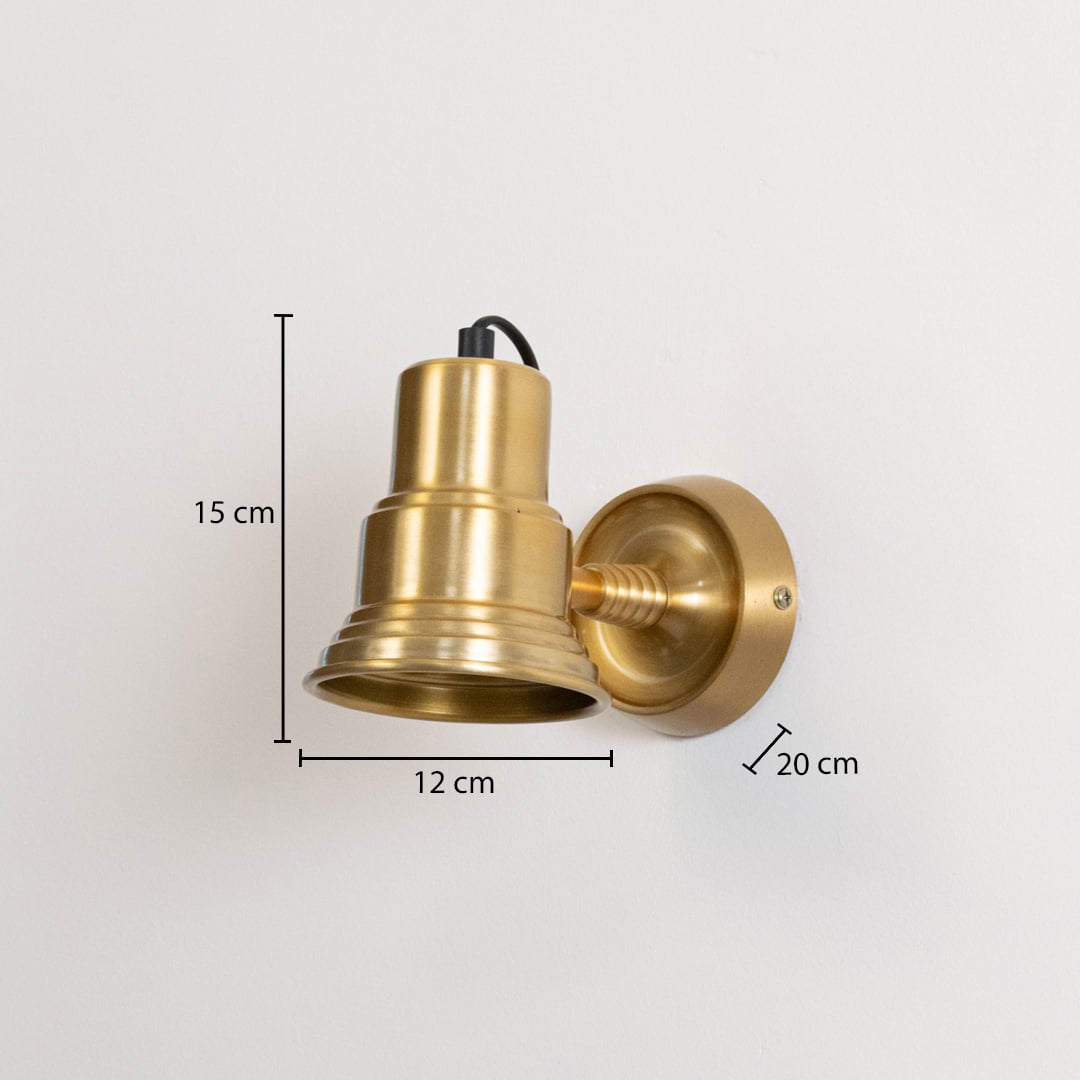 Gold metal wall light measuring 15 cm height 12 cm shade width and 20 cm projection suitable for indoor wall mounting.