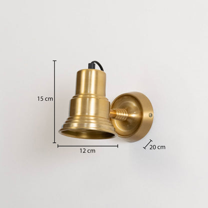 Gold metal wall light measuring 15 cm height 12 cm shade width and 20 cm projection suitable for indoor wall mounting.
