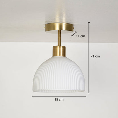 Gold metal ceiling light with ribbed white glass shade measuring 21 cm height and 18 cm width suitable for indoor ceilings.