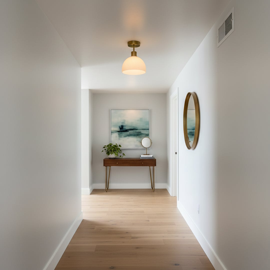 Gold metal ceiling light with ribbed white glass shade installed in hallway adding soft ambient lighting to modern home Decor.