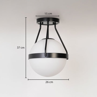 Black ceiling light with frosted glass globe shown with dimensions 37cm height and 26cm width for modern ceiling decor.