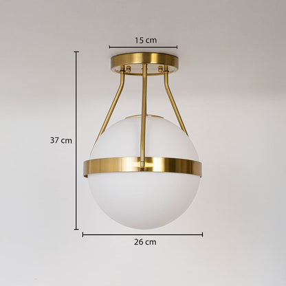 Gold ceiling light with frosted glass globe shown with dimensions 37cm height and 26cm width for modern ceiling decor.