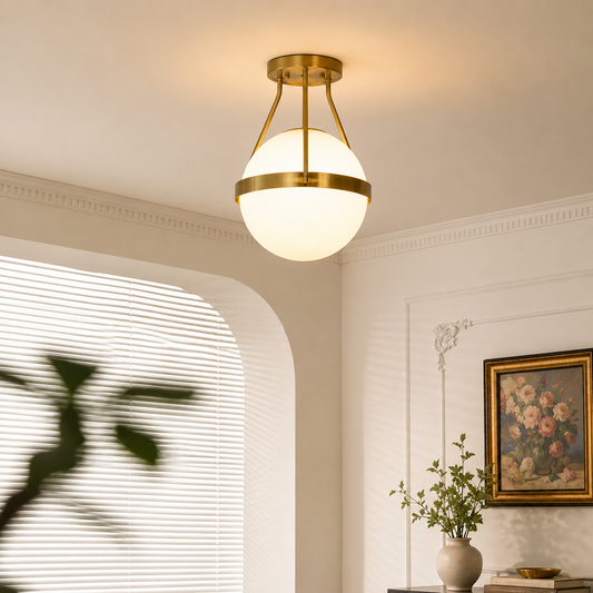 Modern gold and white globe ceiling light in contemporary living room for elegant home decor and ambient lighting spaces.