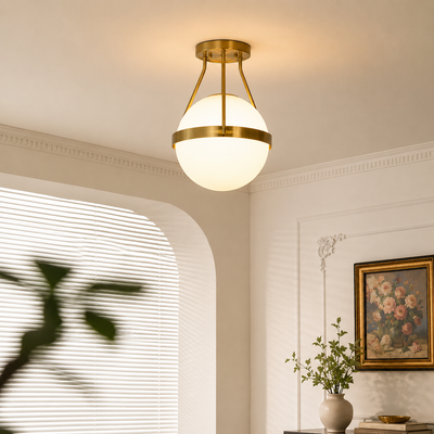 Modern gold and white globe ceiling light in contemporary living room for elegant home decor and ambient lighting spaces.