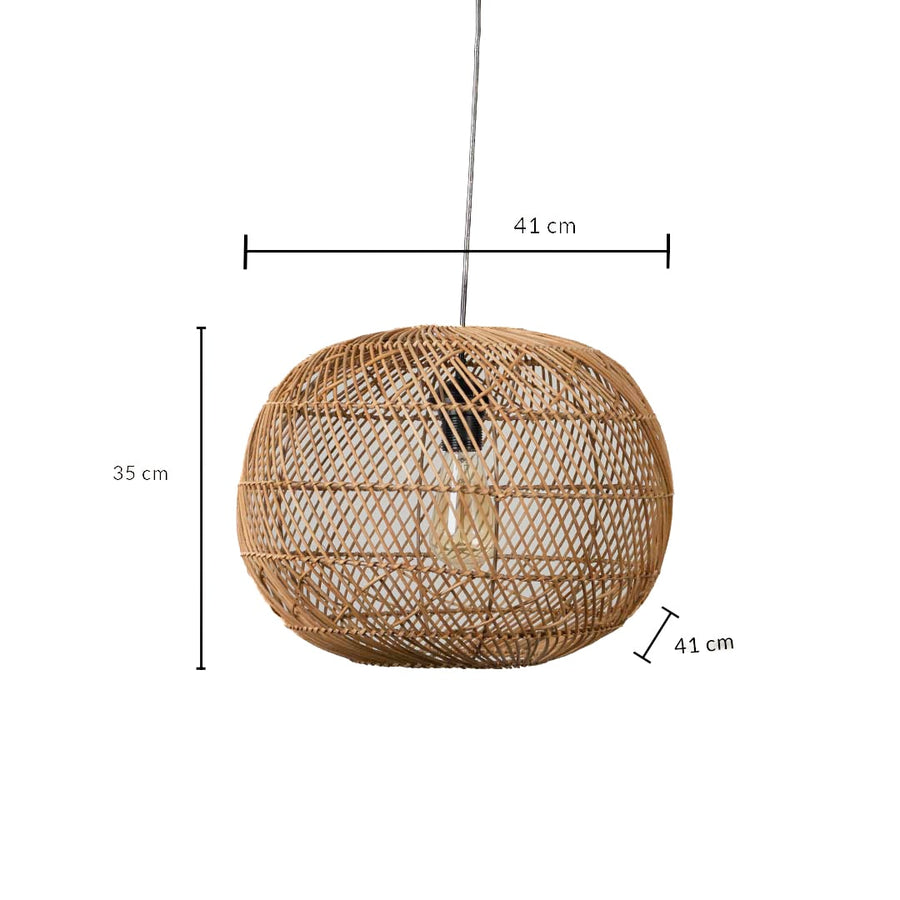 Round rattan pendant light dimension image showing 35 cm height and 41 cm width with woven texture.