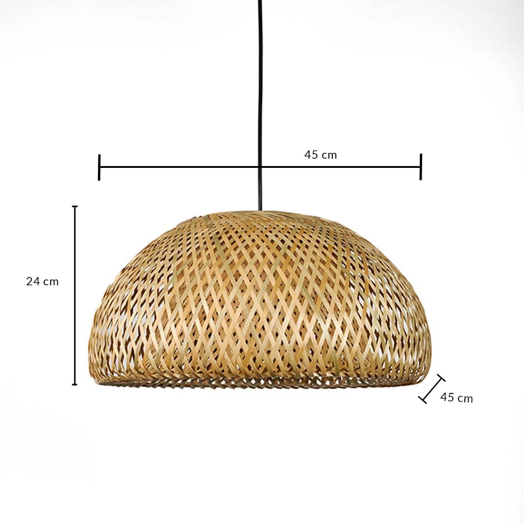 Dimension image of woven bamboo dome pendant light with natural rattan frame showing 24 cm height and 45 cm width.