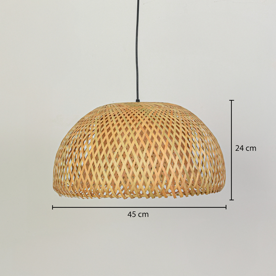 Natural rattan pendant light dimension image with 45 cm width and 24 cm height for cozy dining room placement.