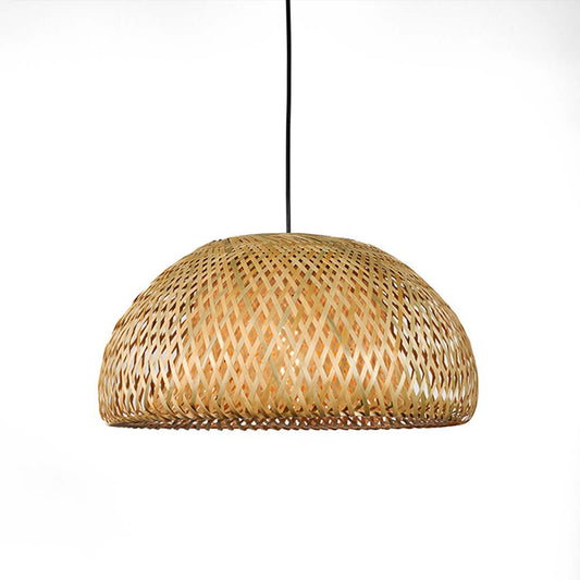 Handwoven natural rattan pendant light displayed on white background for warm bohemian interior decor style.