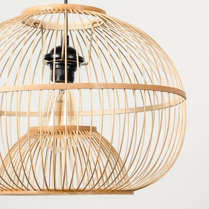 Closeup view of rattan pendant light highlighting fine weave pattern and detailed craftsmanship.