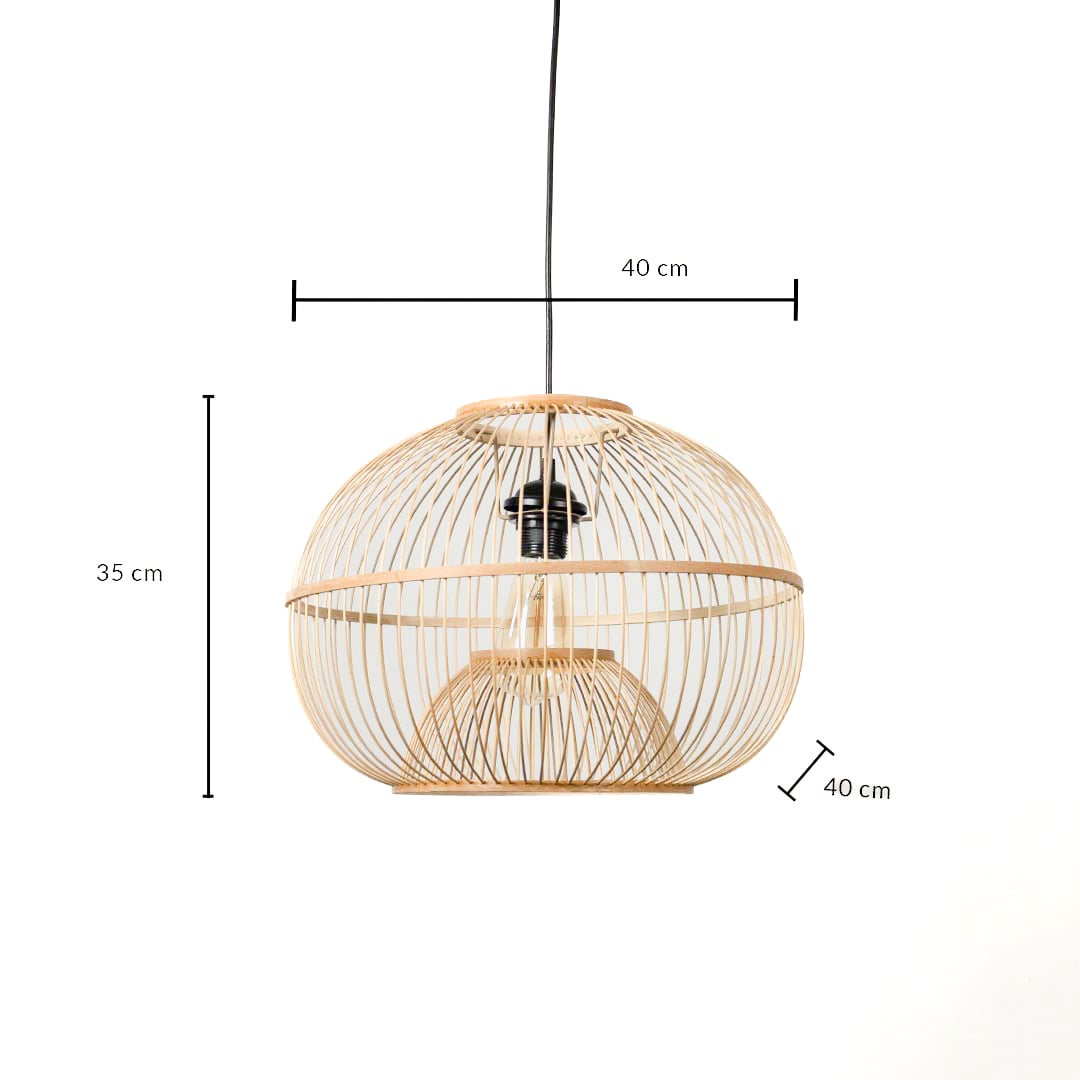 Rattan pendant light dimension image showing height 35 cm and width 40 cm with hanging wire detail.