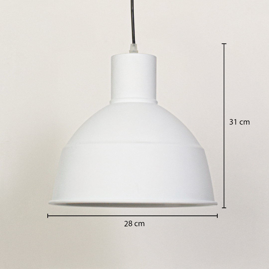 White metal pendant light shown with 31 cm height and 28 cm diameter measurements for accurate ceiling installation planning.