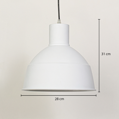 White metal pendant light shown with 31 cm height and 28 cm diameter measurements for accurate ceiling installation planning.