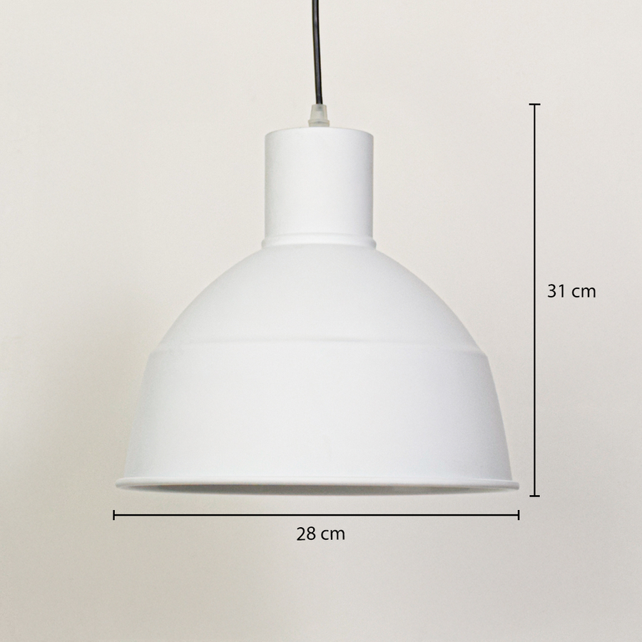 White metal pendant light shown with 31 cm height and 28 cm diameter measurements for accurate ceiling installation planning.