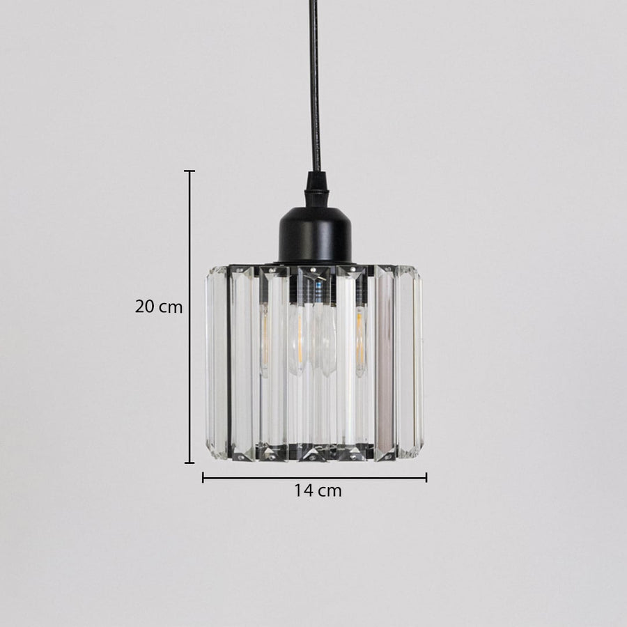 Glass pendant light with black finish shown with size 20cm height and 14cm width for room placement.
