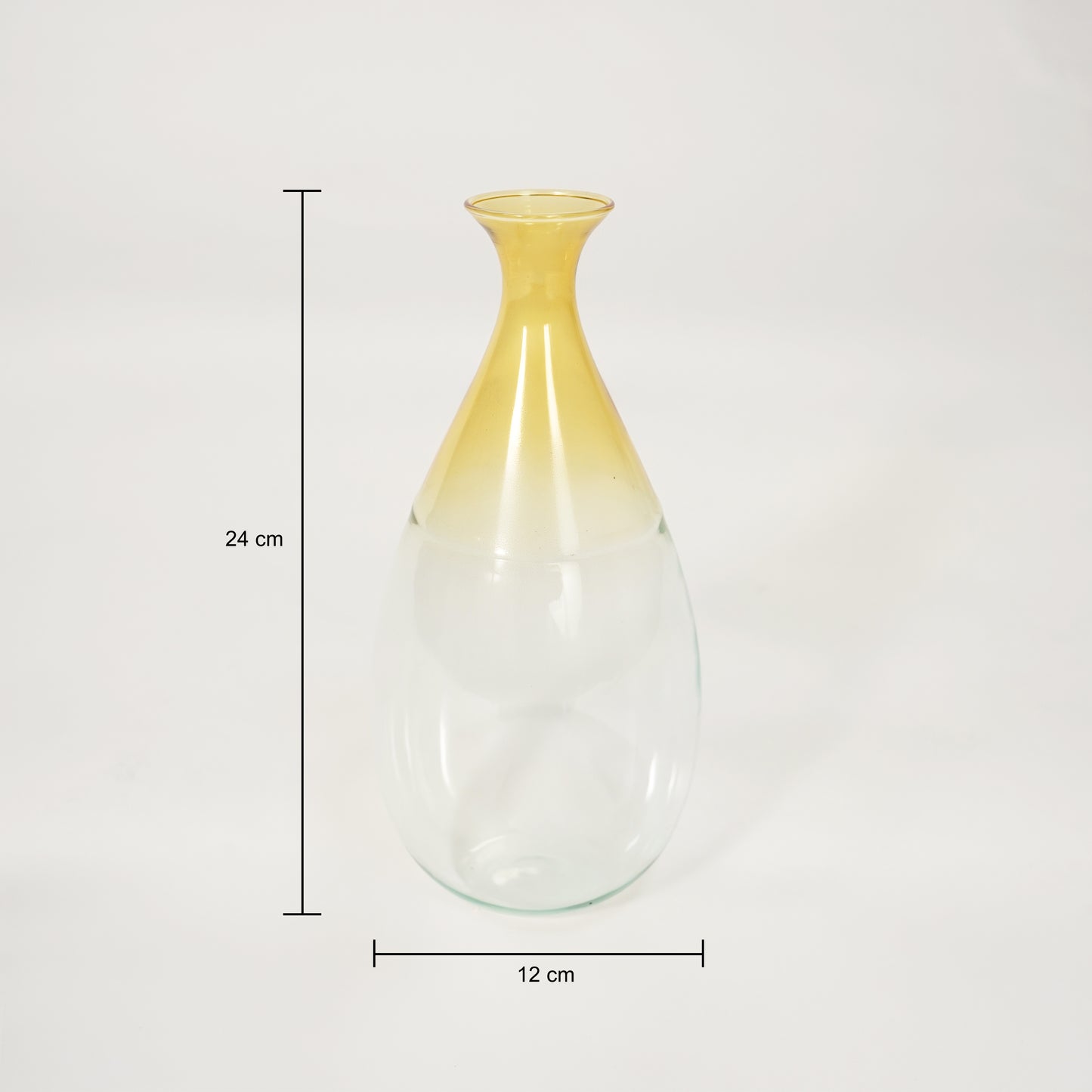 Clear glass decorative vase with gold rim for tabletop shelf or console décor showing product dimensions clearly.