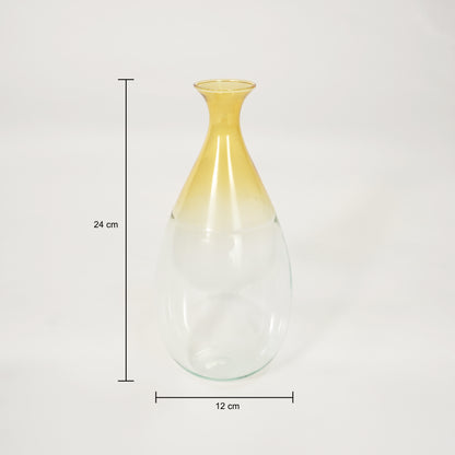 Clear glass decorative vase with gold rim for tabletop shelf or console décor showing product dimensions clearly.