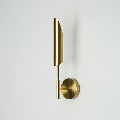 Gold metal wall light with sleek vertical blade design and round mount ideal for modern bedroom or hallway wall decor.