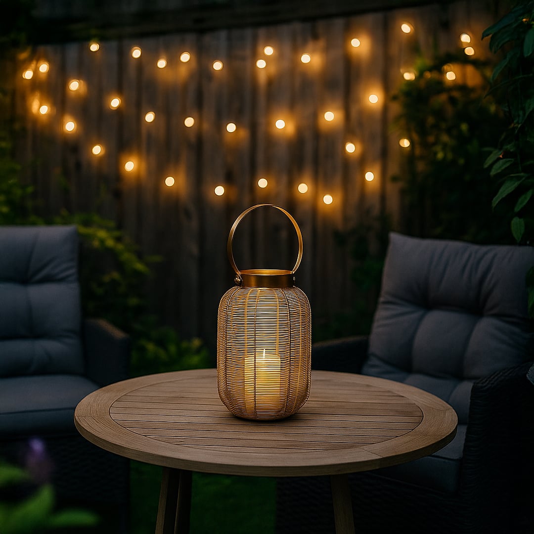 Warm outdoor setting featuring a golden wire lantern on a wooden table with a glowing candle light on creating a cozy evening ambience.