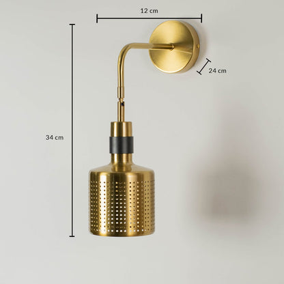 Dimensions of the gold wall light measuring 34 cm in height 12 cm in width and 24 cm in depth featuring a perforated metal shade and black accent for a modern touch.